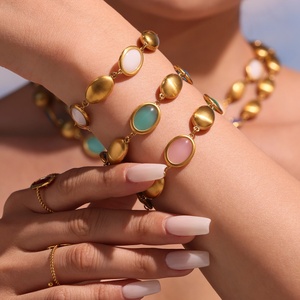 Binshuo Đầy Màu Sắc Màu Xanh Đen Hồng Opal Vòng Cổ Jeweley Thép Không Gỉ Mạ Vàng Hình Bầu Dục Tính Khí Vòng Cổ Vòng Đeo Tay Thiết Lập - Product Image 6