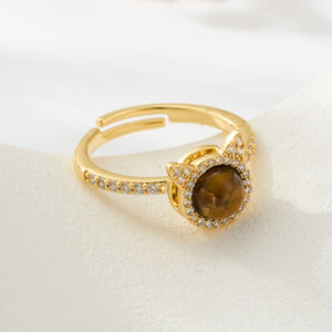 <b>Cat</b> Shaped Opening <b>Ring</b> With Tiger Eye And Zircon Inlay For Unisex Jewelry Gift - Product Image 4