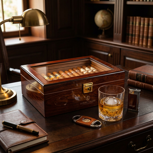 Humidor para Cigarros de Madera de Cedro Español Hecho a Mano con Tapa de Vidrio, Higrómetro Externo y Acabado Brillante - Regalo Premium para Hombres - Product Image 1