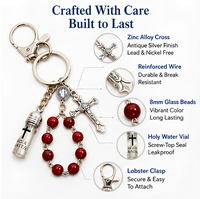 Porte-clés Chapelet Catholique avec Pendentif Croix et Flacon d'Eau Bénite, Anneau de Prière Perlé pour Cadeau d'Église, Baptême, Confirmation, Vente en Gros