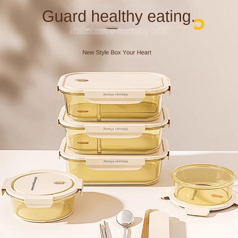 Glass Lunch Box Food Container Fruit Bowl High Temperature Resistant Microwave Safe Bento Boxes with Printing for Kitchen Use view 3