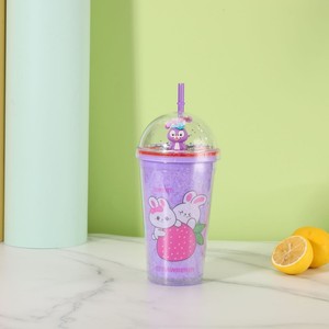 450ml Cute Cartoon Rabbit Bear Print Double Wall <b>Plastic</b> Tumbler with <b>Straw</b> Dome Lid Silver Glitter & Mini Rabbit Figurine - Product Image 2