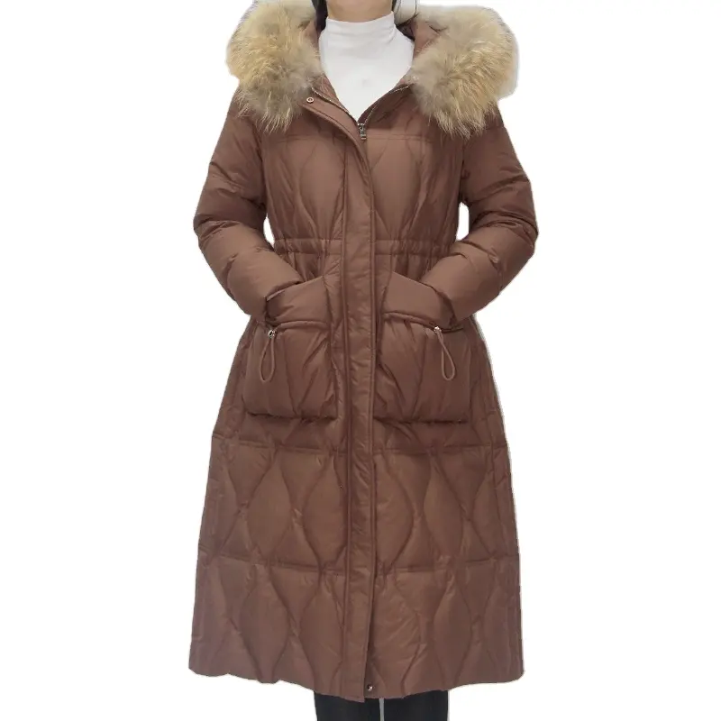 Long Women's Packable Down Jacket Lightweight Puffer Jacket Hooded Winter Coat With Real Fur Trim
