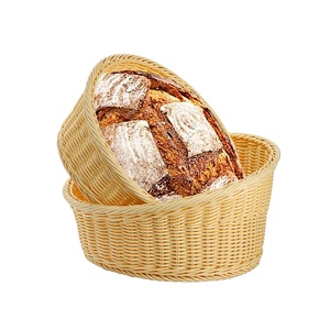 Cute Beige OEM Sizes Round Poly Woven Baskets Plastic Rattan Bread Baskets Elegant Wicker Polyester Woven Baskets for Bread