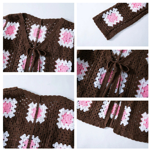 Cardigan da <span class=keywords><strong>Donna</strong></span> Vintage a Quadri <span class=keywords><strong>in</strong></span> <span class=keywords><strong>Pizzo</strong></span> all'Uncinetto, Maglione Sottile Traforato Traspirante per Primavera e Autunno - Product Image 6