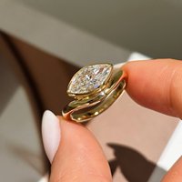 Old Mine Cut Lab Diamond Bezel Solitaire Ring 18K Solid Gold IGI Certified Custom Engagement Band Marquise Diamond Wave Design