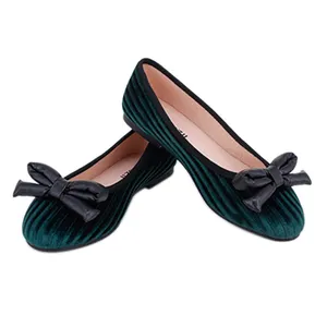 Zapatos planos de ballet con lazo y punta redonda de cuero de terciopelo de ante verde, zapatos planos suaves y ligeros para mujeres y damas