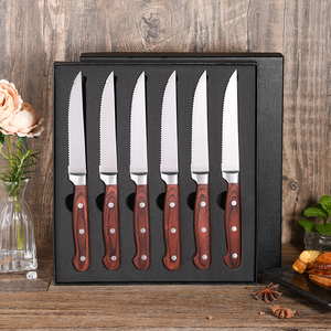 Bộ dao cắt bít tết 6 chiếc, lưỡi dao thép không gỉ siêu bén có răng cưa, tay cầm gỗ <span class=keywords><strong>Pakkawood</strong></span>, bộ dao nhà bếp cắt bít tết - Product Image 1