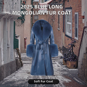 Abrigo Largo de Piel Popular 2025 para Mujer, Gabardina Azul Claro con Piel de Zorro Mongol y Patrón de Leopardo, Cierre con Cinturón de Piel de Oveja - Product Image 2