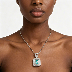 S925 Silver Paraiba Color Green Garnet <b>Necklace</b>, <b>Double</b> Halo CZ Pendant, Women's Fine Jewelry-V - Product Image 5