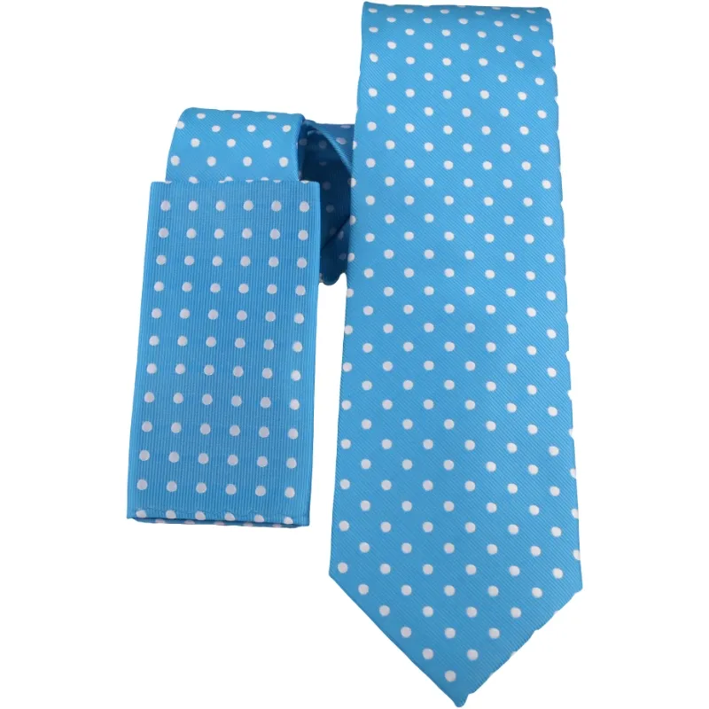 Light Blue Pindot Necktie And Pocket Square Set Men Wide Polyester Ties For Men
