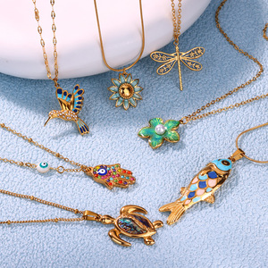 Collane con ciondoli animali smaltati in stile bohémien, placcate oro 18K, con ciondoli a forma di Occhio di Diavolo, Hamsa, Tartaruga, Pesce, per donna, gioielli da spiaggia - Product Image 2