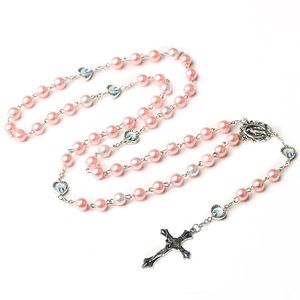 Collana croce del rosario cattolico 8mm perle di vetro 5 segmenti rosa e bianco croce di gesus regalo - Product Image 6