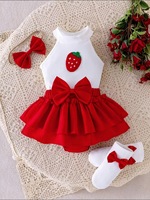 Nouvel ensemble d'été pour bébé fille : haut sans manches à col licou motif fraise + jupe tutu plissée avec nœud + bandeau + chaussettes