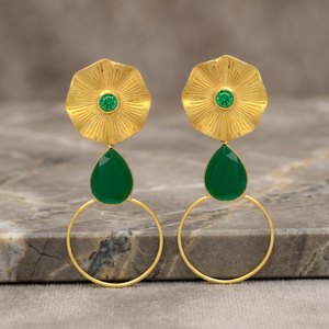 Gold Plated Brass Ethnic Drop Green <b>Onyx</b> <b>Earrings</b> for Engagement Wedding Party Handmade - Product Image 3