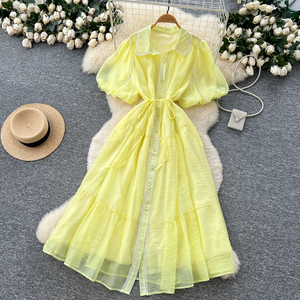 French Elegant Lapel Lantern Sleeve <strong>Dress</strong> Women's Tie-Waist Button-Down <strong>Ethereal</strong> Gown With Slim Design - Product Image 5