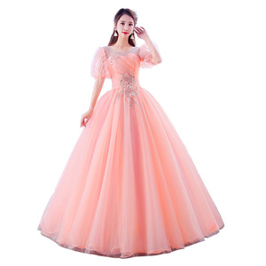 Pink Evening Gown With Off Shoulder Design Puff Sleeves Long Skirt Stage Performance Women's Dress - Product Image 5
