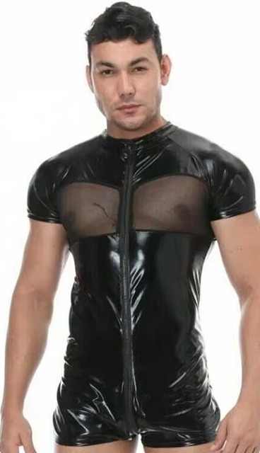 Sexy Costumes Mens Fetish Latex Catsuit PVC Spandex Cat Suit PU Leather  Zipper Tights Mesh Bodysuit Black Jumpsuit