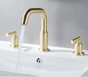 Banyo tüm bakır üç delik musluk döner çift saplı fırçalanmış altın musluk musluklar ile 360 derece monte