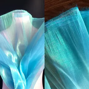 Оптовая продажа, прозрачная блестящая кружевная трехмерная плиссированная ткань из органзы для свадебного платья, дизайнерская ткань