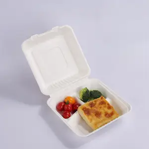 Custom disposable sugarcane cardboard bento box fast food container takeaway to go clamshell paper pulp packing lunch box micro