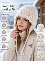 Bonnet d'hiver chaud en tricot torsadé pour femme avec cache-oreilles en peluche douce, décoré de perles et de pompons tressés, idéal pour le ski en extérieur