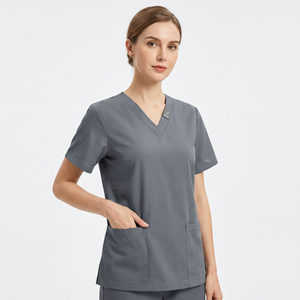Blusa Sanitaria Gris con Cuello en V para Mujer, Uniforme Hospitalario Tejido con Bolsillos en el Pecho, Detección de Agujas, Fusión sin Costuras - Product Image 1