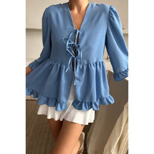 Chemise en lin pour femme avec nœud devant et détail volanté, bleu - Product Image 4