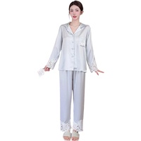 Piyama Wanita ODM Elegan Kasual Bahan Sutra Es Bernapas Musim Semi/Panas Lengan Panjang Satin Celana Panjang Pinggang Elastis Mewah Kelas Atas