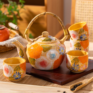 Japanese Style Ceramic <b>Teapot</b> with Cups Hand-painted Underglaze Flower Tea <b>Set</b> - Product Image 1