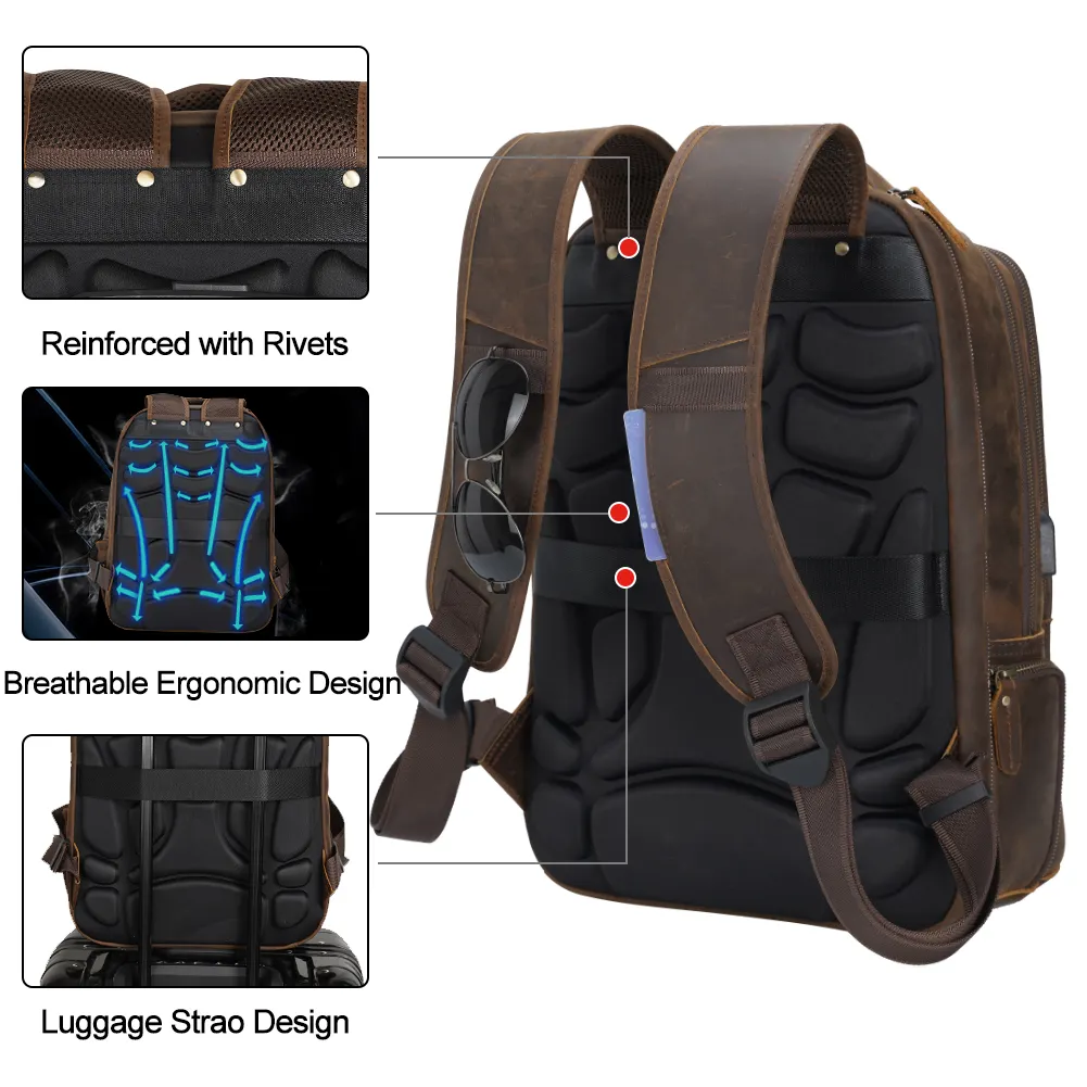 Vintage Pure Cowhide Laptop Computer Large Capacity Crazy Horse Cow Bag Men Custom Back Back Travel Genuine Leather Backpack