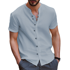 Chemises rétro pour hommes à la mode hawaïenne, en lin/coton, respirantes, col en V, décontractées, manches courtes pour l'été - Product Image 3