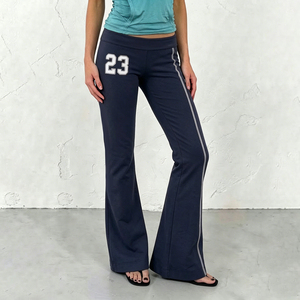 Pantalones de mujer con estampado de bloques de color, de tiro medio, cintura elástica, transpirables, antiestáticos, acampanados, informales, para estar en casa, otoño - Product Image 4