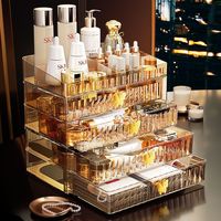 Boîte de rangement cosmétique en acrylique avec tiroirs, organisateur de maquillage de bureau pour soins de la peau et support à rouge à lèvres, design transparent doré