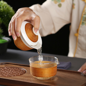 Handmade Bamboo Weaving Travel Tea Set Ceramic Gaiwan Portable <b>Teacup</b> One Teapot Two Cups For Outdoor Travel - Product Image 2