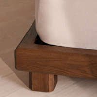 Lit en tissu moderne avec tête de lit en cuir et sangles, cadre en bois, lit plateforme, ensemble de meubles de chambre à coucher pour maison et villa