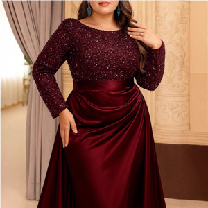 Vestido de Noche para Mujer, Manga Larga, Cuello Redondo, Lentejuelas, Satén, Abertura Lateral, Maxi, Ecológico, Natural, Formal, para Fiesta, Boda, Banquete, Elegante, Talla Grande - Product Image 4