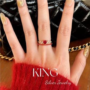 King Silver Jewelry 925 Sterling Silver Gold Plated Heart <b>Ring</b> Red <b>Crystal</b> Pave Setting Women's Gift Fine <b>Rings</b> - Product Image 5