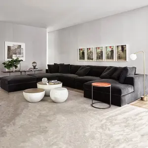 Modern Living Room Furniture Fabric Velvet U Shaped Sofas 7 Seater Black Big Large Couch Sofa Set