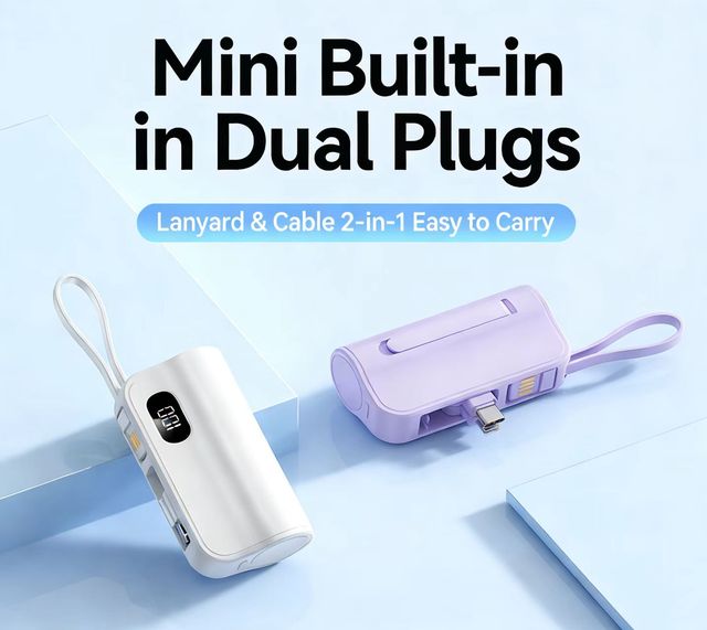 New Mini Capsule Power Bank with Hidden Dual USB Ports Built-in Cable Customizable Logo 5000mAh Power Bank Gift