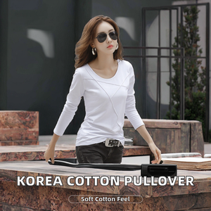 Camiseta de Mujer con Cuello Redondo, Diseño Coreano, Color Sólido, Corte Ajustado, Informal, Lisa, Teñida, de Poliéster/Algodón, con Líneas Irregulares, a la Moda - Product Image 2