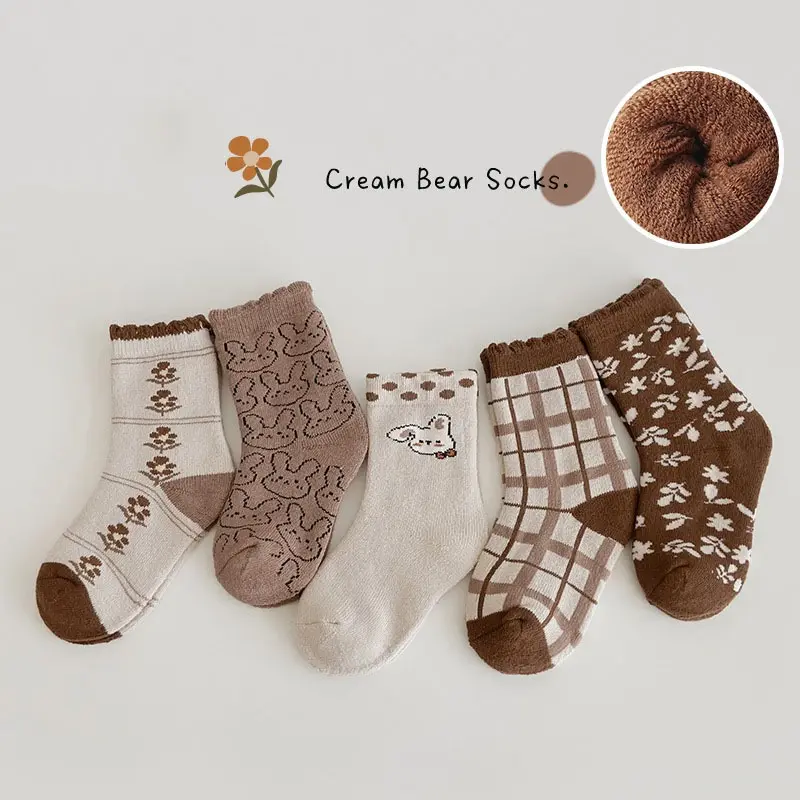 Free samples Winter Soft Thick Terry Warm Baby Socks Checkered Ruffle Socks Baby Girl Little Bunny Flower Baby Girl Socks