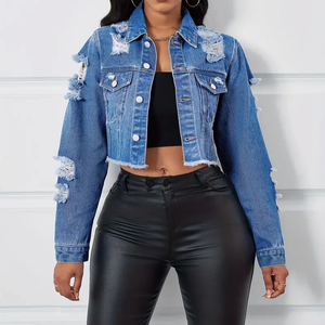 <span class=keywords><strong>Veste</strong></span> Courte <span class=keywords><strong>en</strong></span> <span class=keywords><strong>Jean</strong></span> pour <span class=keywords><strong>Femme</strong></span>, Très Chic, Mode d'Automne, Bleu Délavé, Doux et Effiloché, avec Fausses Poches - Product Image 1