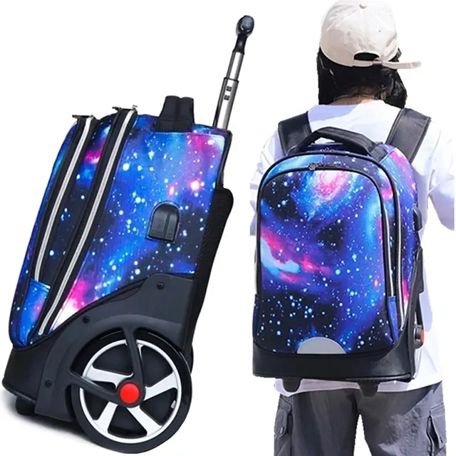 2022 New Stars Printing School Backpack on Wheel Big Wheel Rolling Book Bag for Boys Girls