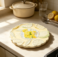 Sous-plat en céramique personnalisable à motif citron gaufré festonné, motif fruits d'été imprimé, résistant à la chaleur pour cuisine et table