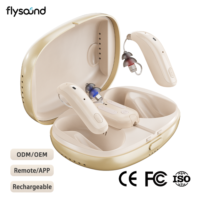 Flysound OEM Custom Waterproof BTE OTC Hearing Aid Programmer with Rechargeable Case Wireless Bluetooth Hearing Aids for Seniors