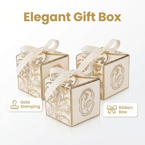 Ivory Square Rigid Gift <b>Box</b> with Gold Foil Floral Design and Ribbon Handle for Craft Packaging - Product Image 3