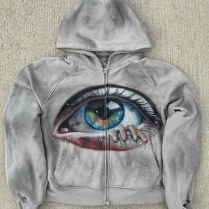 เสื้อครอปตัวใหญ่ทรงโอเวอร์ไซส์ ตัดเย็บตามสั่ง ซิปหน้า ผ้าฝ้ายเฟรนช์เทอร์รี่ 100% ซักย้อมแบบแอซิดวอช หนัก 500gsm ป้องกันการหดตัว แต่งดีเทลขาดๆ - Product Image 1