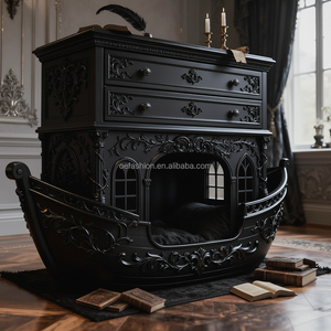 Cama para Mascotas <span class=keywords><strong>de</strong></span> Lujo OE-FASHION, Estilo Gótico, Negra, <span class=keywords><strong>de</strong></span> Madera Maciza, con Forma <span class=keywords><strong>de</strong></span> Bote, con Cajones <span class=keywords><strong>de</strong></span> Almacenamiento - Product Image 2