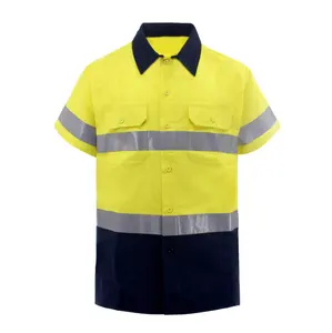 Baju kerja keselamatan untuk pria, baju kerja konstruksi, baju Keselamatan depan hi vis, kancing dua warna, oranye kuning, untuk pria
